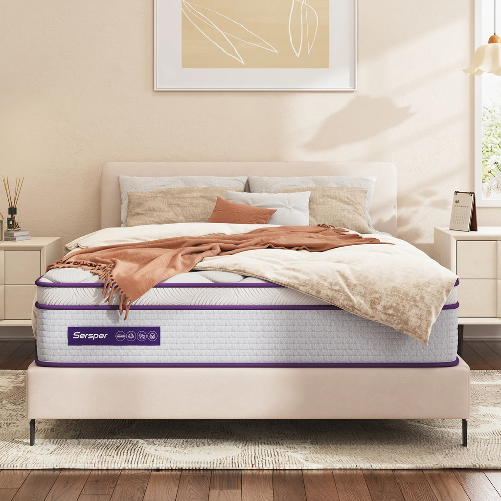 Full Size Hybrid Mattress 10 Inch, Sersper Medium Firm Mattress with Euro Top, Memory Foam, Breathable Soft Knitted Fabric Cover, 5-Zone Coils Support for Pressure Relieving