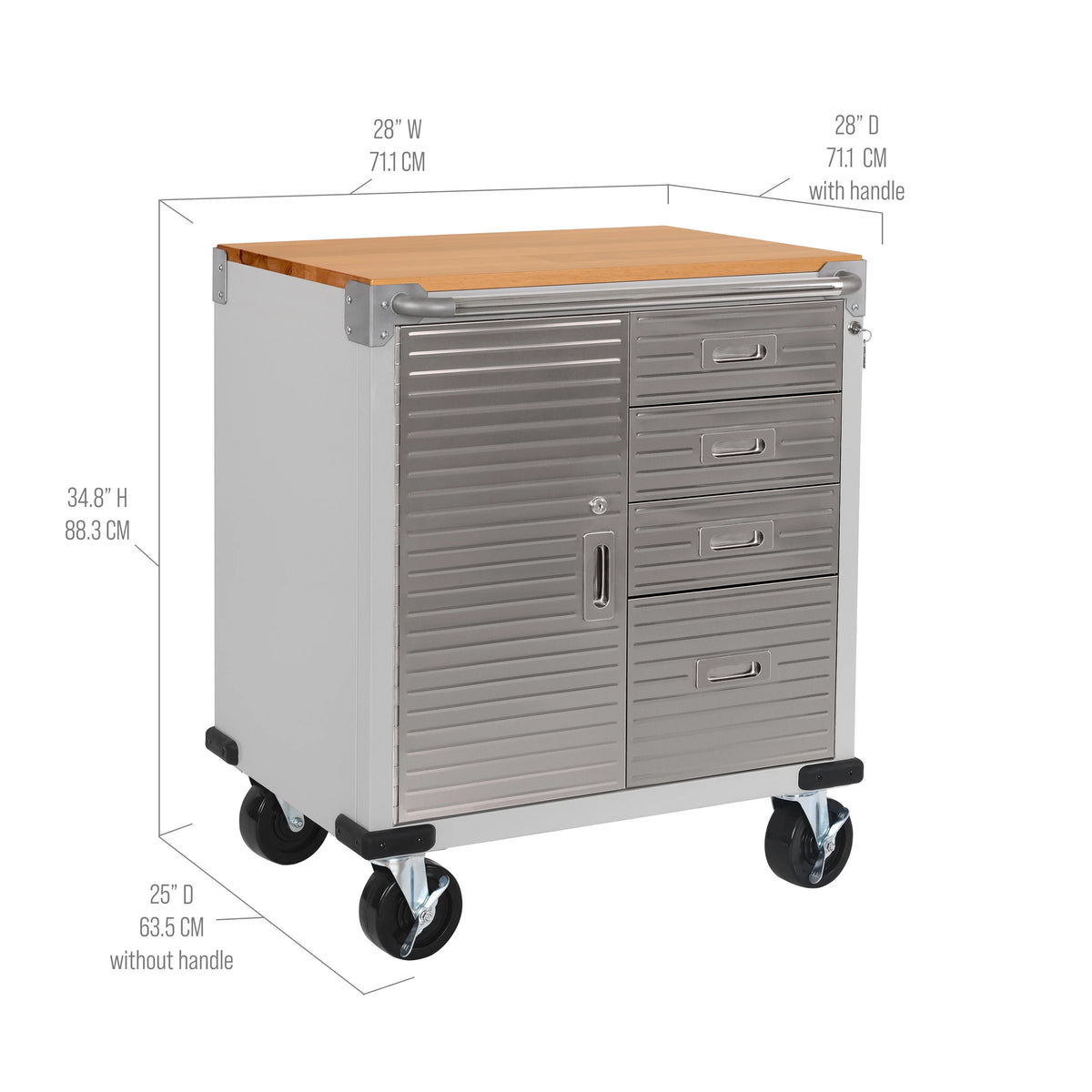 Seville Classics UltraHD® Heavy Duty Rolling Cabinet Workbench Table w/ Solid Wood Top, Workstation for Garage, Office, Workshop, Granite, 1-Door, 4-Drawer (28" W x 25" D)