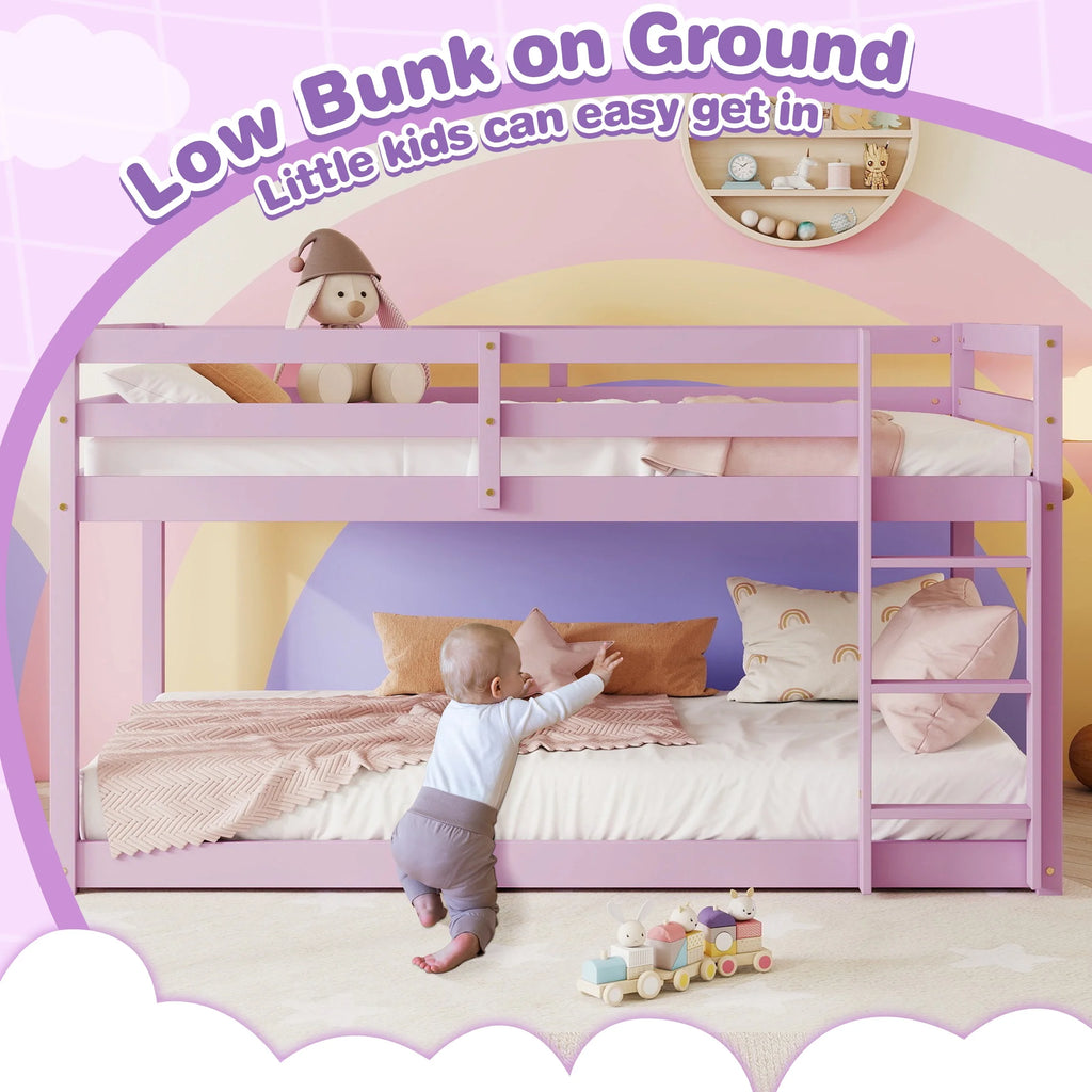 SESSLIFE Bunk Bed Twin Over Twin, Low Floor Bunk Bed with Guard Rails for Dorm, Small Space, No Box Spring Needed(White)