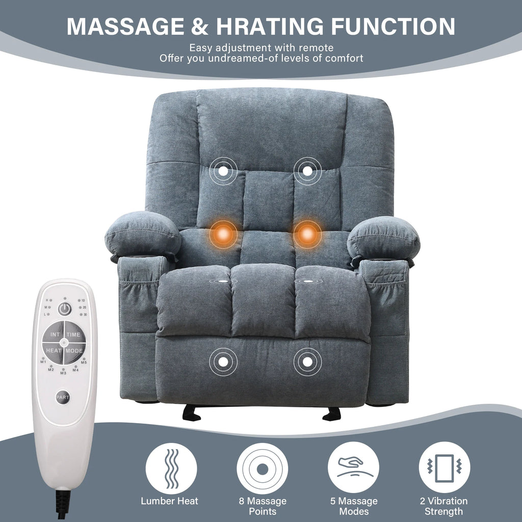 JONPONY Manual Recliner Chair with Heat Therapy and Massage Function, Heavy Duty Reclining Mechanism Massage Chair, Elderly Single Rocker Sofa with Cup Holders for Bedroom Home Theater,Blue