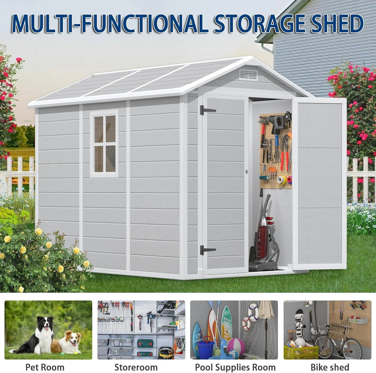 9 x 5.8 FT Outdoor Storage Shed, Linor Resin Shed with Floor, Window, and Vents, Weather-Resistant Garden Shed for Garden Tool Outside Sheds, Bike Shed, Backyard Shed