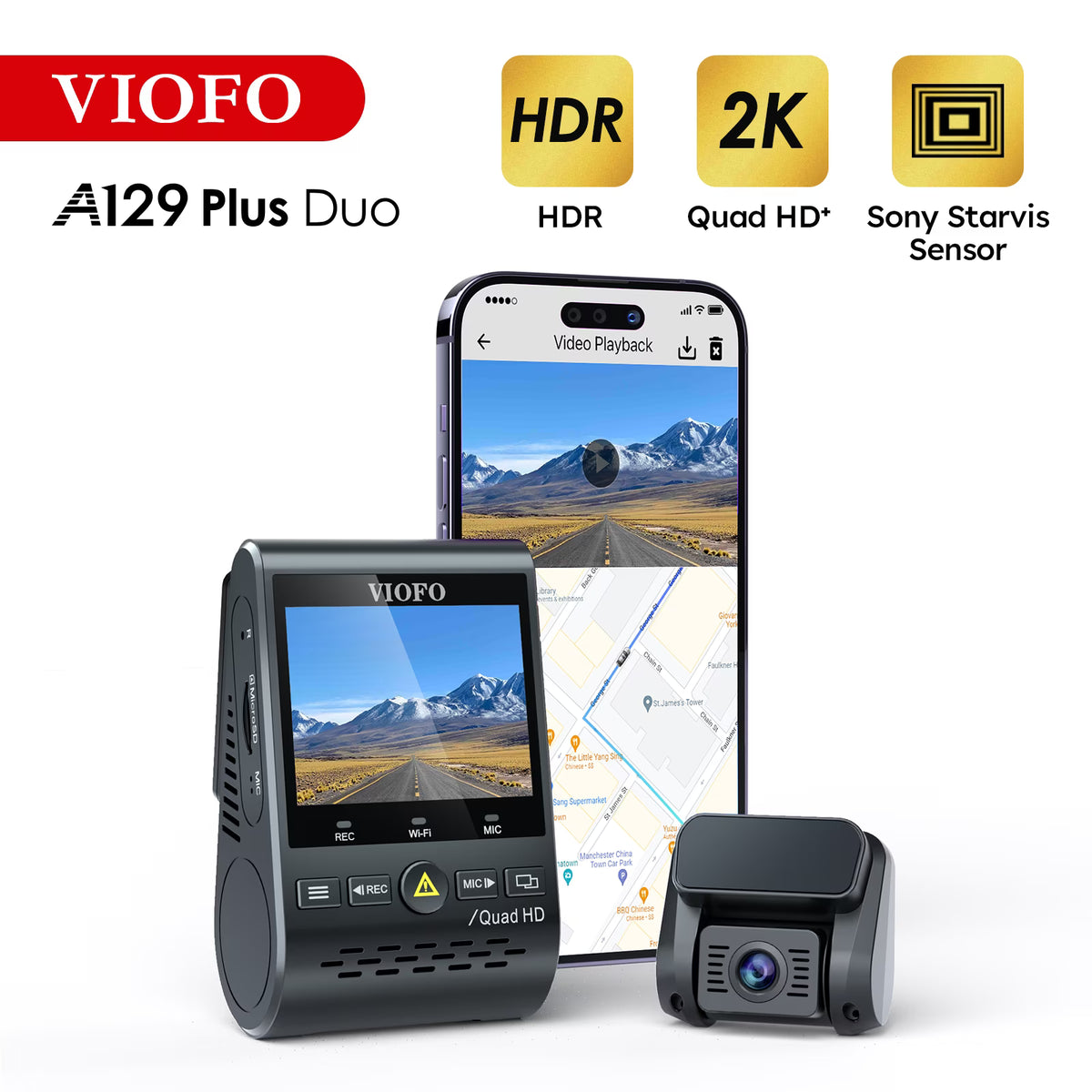 VIOFO A129 Plus Duo Dash Cam 2K 1440P 60FPS + 1080P 30FPS Wi-Fi GPS - NEW