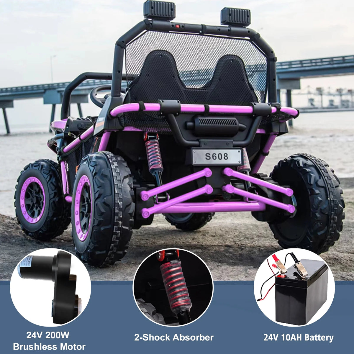 OTTORD 24 V Ride on Car UTV 2 Seater, 2x200W Electric Car Truck with Metal Frame, Brake&Gas Pedal, EVA Tires,3 Speed (Purple Pink)