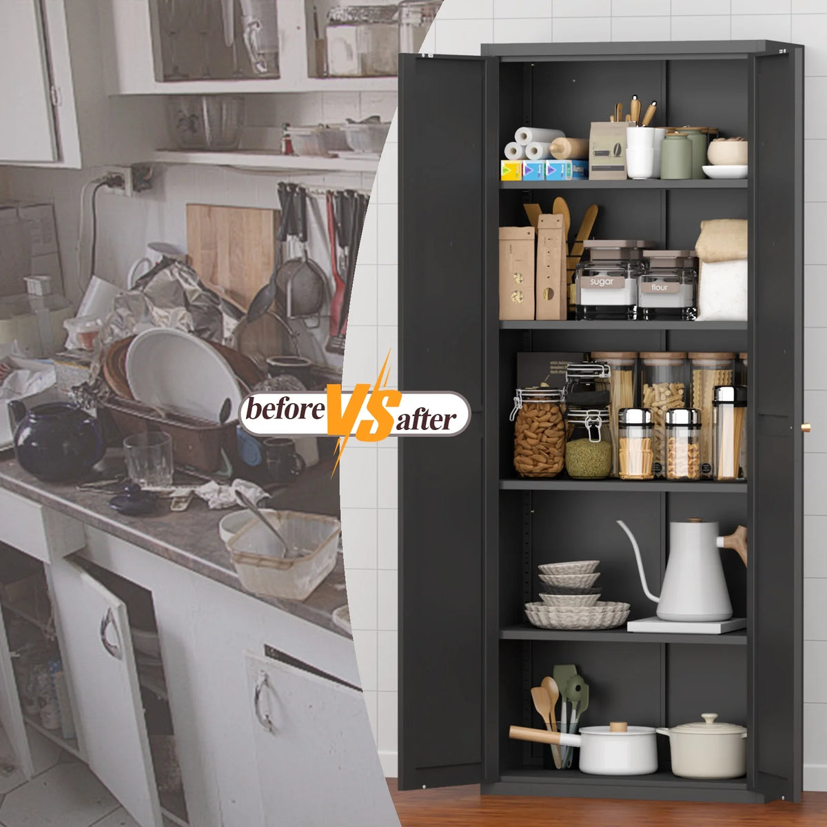Aukfa 71" Freestanding Kitchen Pantry Storage Cabinet with 4 Adjustable Shelves, Metal Food Pantry Cupboard for Kitchen/Garage/Office, White