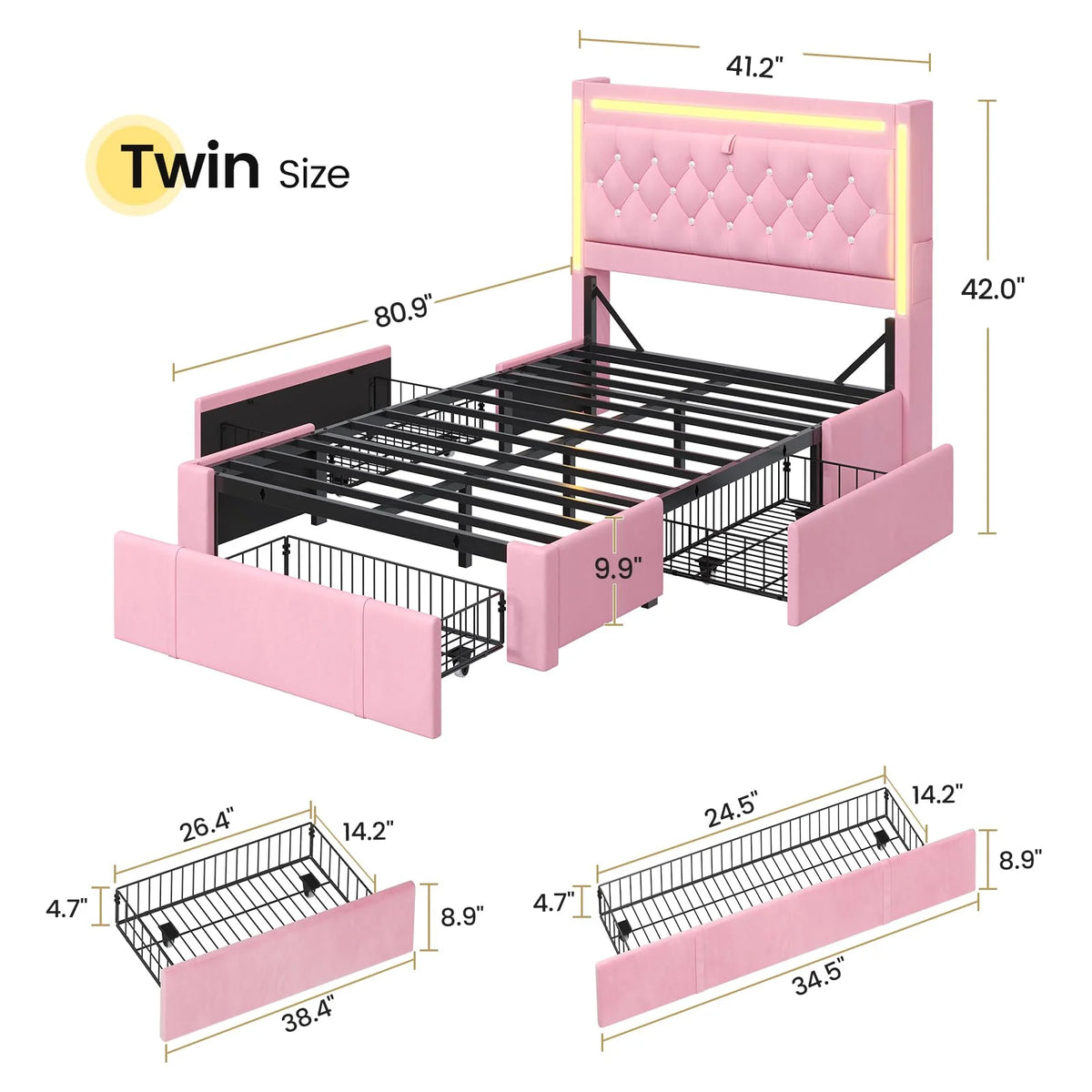 Platform Bed Twin Size with Storage Drawers and Headboard,, Twin Size Velvet Upholstered Bed with RGB Lighting and Power Outlet, No Box Spring Needed, Noise-Free, White