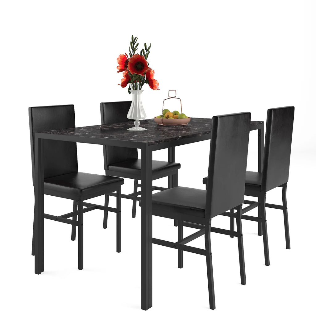 5 Piece Dining Set, Modern Dining Table and Chairs Set for 4, Counter Height Bar Table Set, Modern Pub Table with 4 Velvet Fabric Cushioned Stools, Faux Marble Dining Table & Stools Set, D9297