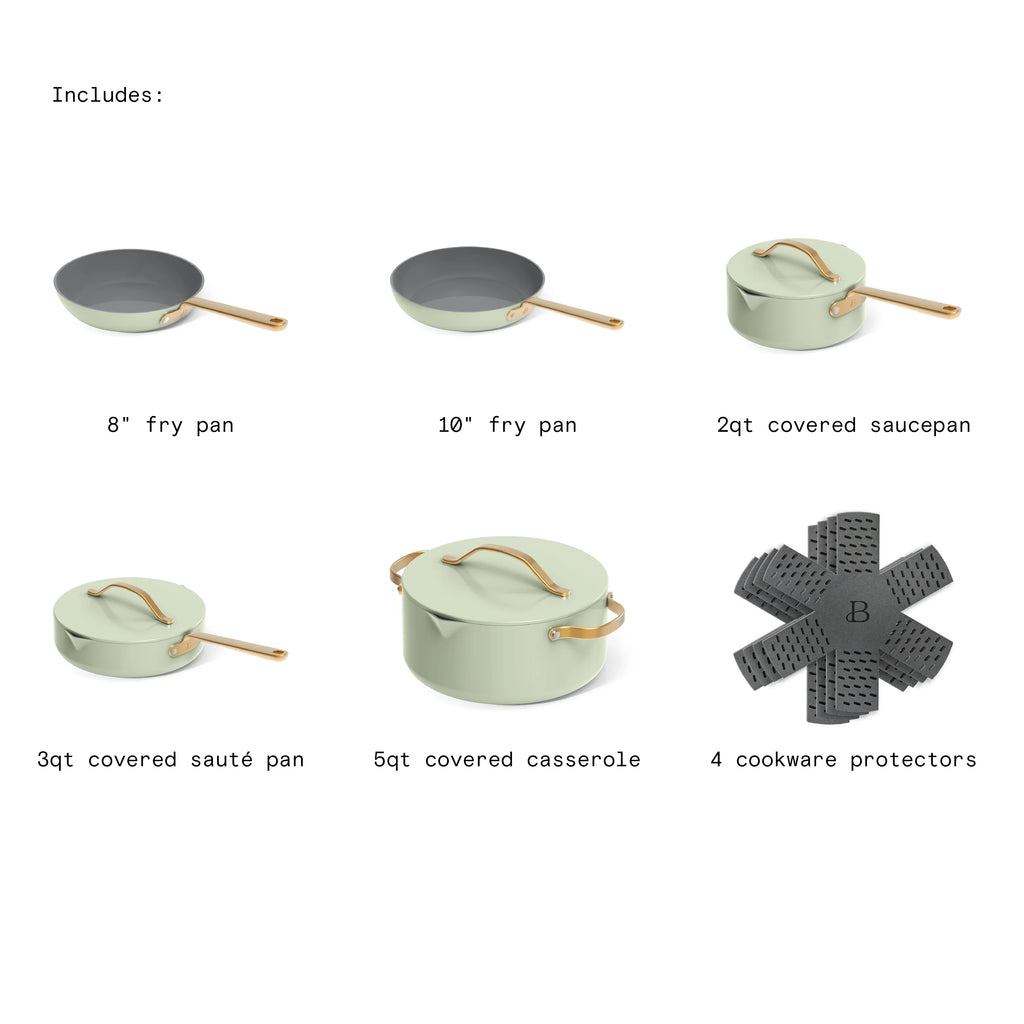 Beautiful 12pc Ceramic Non-Stick Cookware Set with Strainer Lids, White Icing by Drew Barrymore