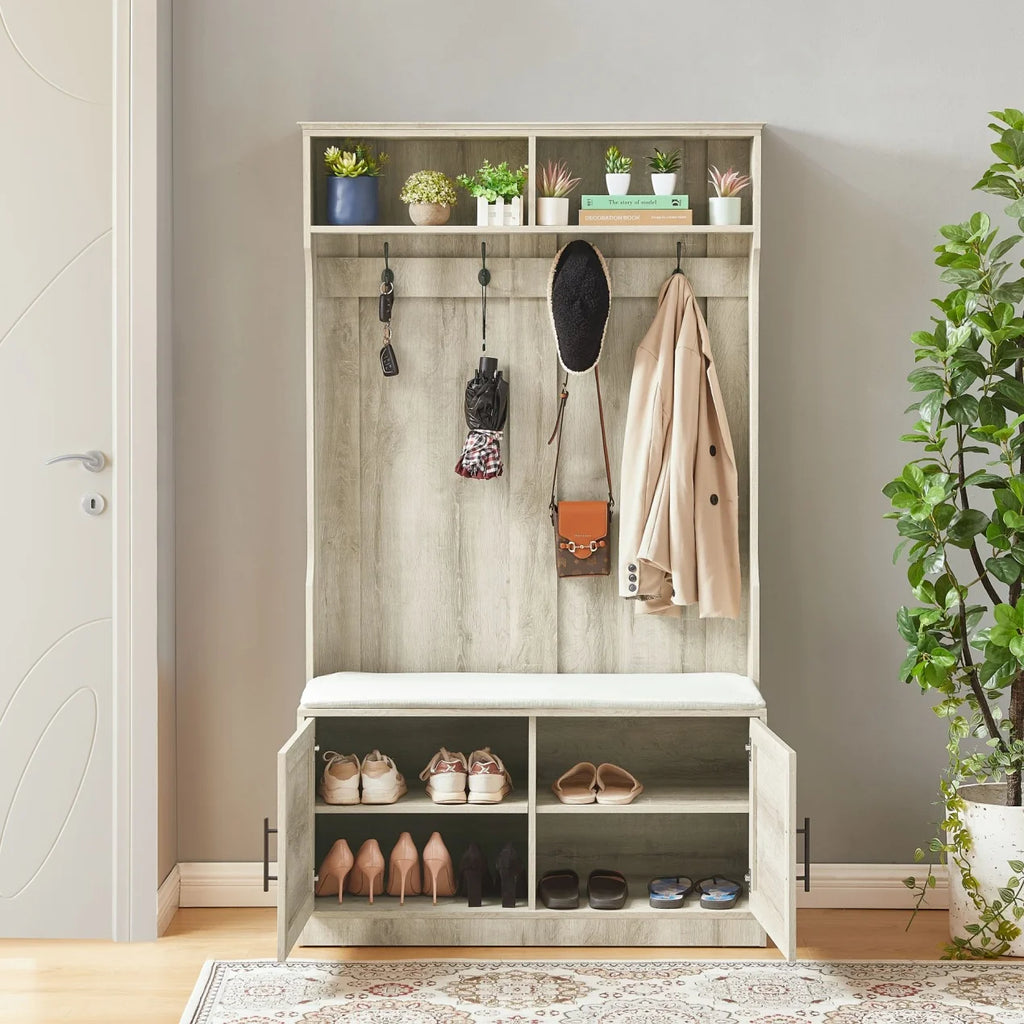 Entryway Hall Tree with Storage Bench, Wooden Coat Rack with Sponge Pad and 4 Dual Hooks, Storage Shelf Organizer with 2-Door Cabinet for Entryway, Bedroom, Easy to Assemble