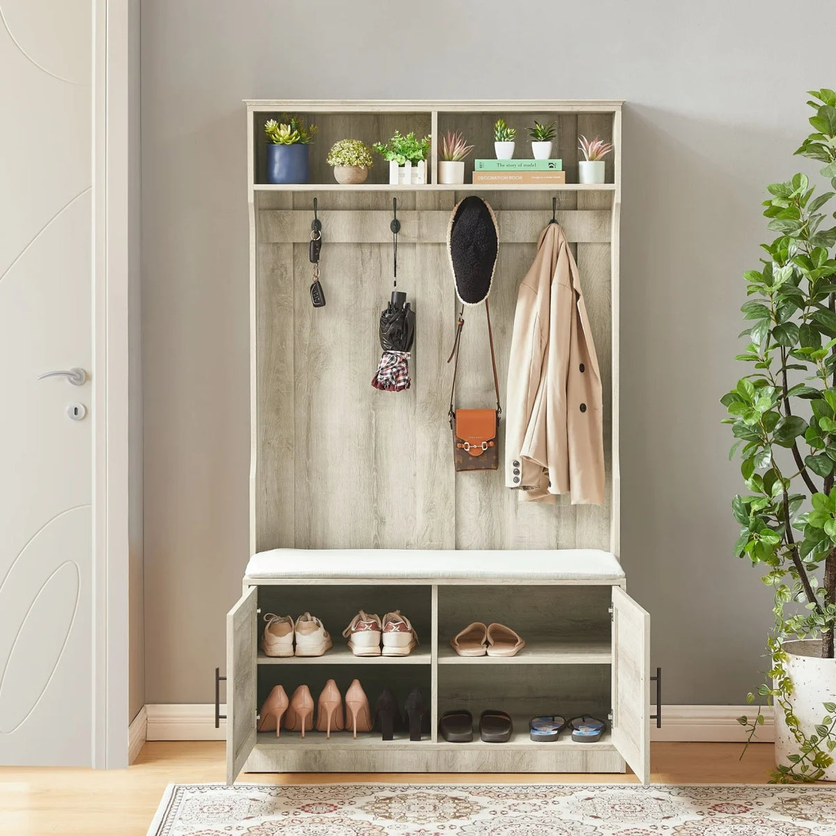 Entryway Hall Tree with Storage Bench, Wooden Coat Rack with Sponge Pad and 4 Dual Hooks, Storage Shelf Organizer with 2-Door Cabinet for Entryway, Bedroom, Easy to Assemble