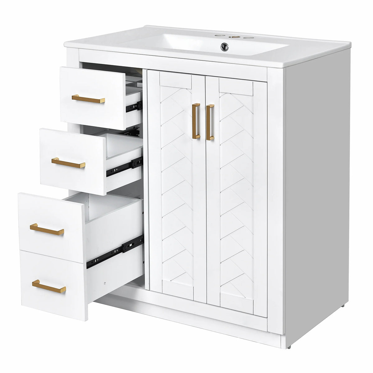 ENSHUI 30-Inch Bathroom Vanity with Ceramic Sink Combo, Solid Wood Frame, 4 Drawers, Soft Closing Doors, Green