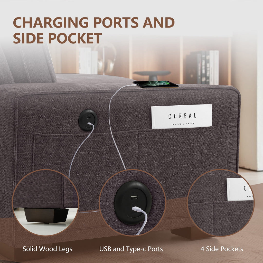 ASHOMELI 99'' Convertible Sectional Sofa,L Shaped Couch,Multi-Functional Reversible Sofa with USB and Type-C Charging Ports, Storage Space, Breathable Fabric