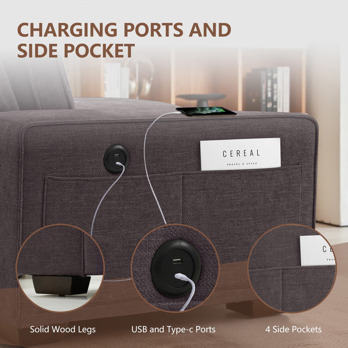 ASHOMELI 99'' Convertible Sectional Sofa,L Shaped Couch,Multi-Functional Reversible Sofa with USB and Type-C Charging Ports, Storage Space, Breathable Fabric