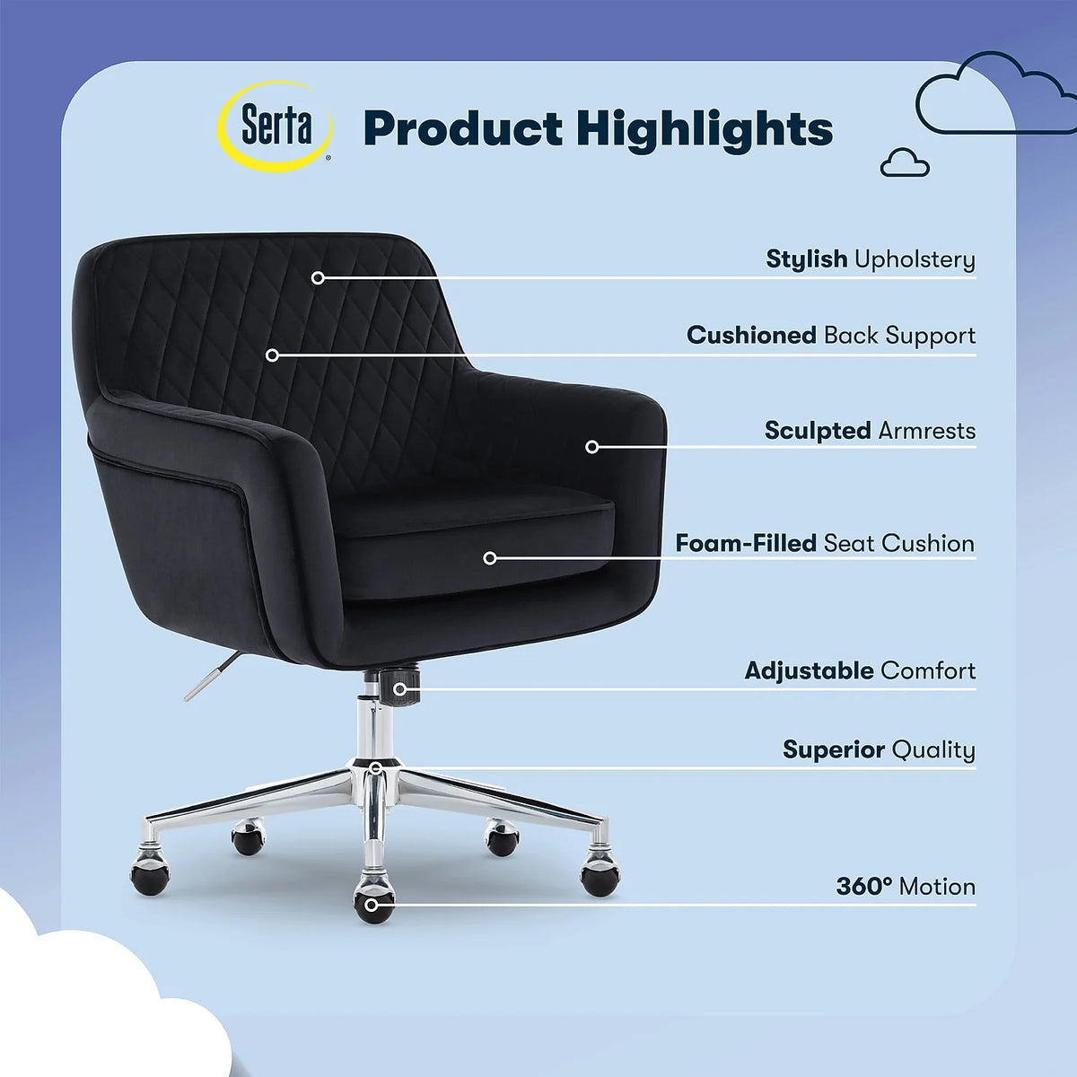 Serta Ashleigh Modern Office Chair Diamond-Tufted Design Black Velvet Fabric