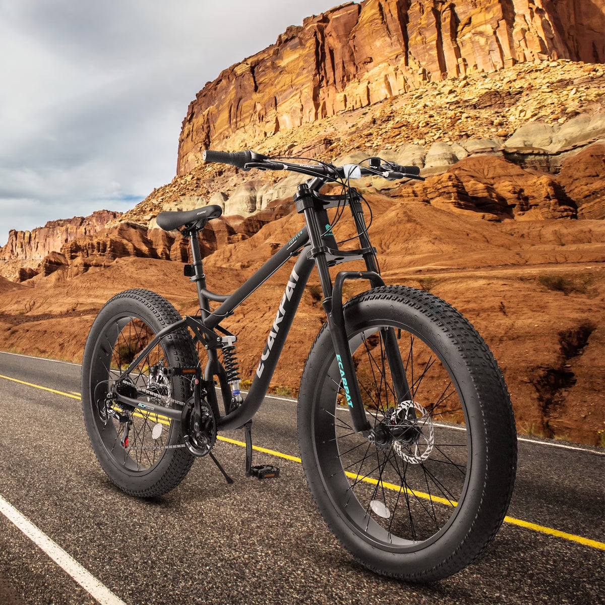 26 in Men's Fat Tire Bike,Shimano 21-Speed,Full Suspension Mountain Bike,Black