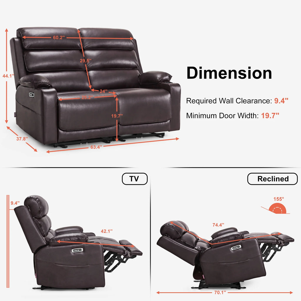 MCombo 63.4" Power Loveseat Recliner Sofa with Adjustable Headrest, Heat and Massage for Living Room, Faux Leather(Light Grey)