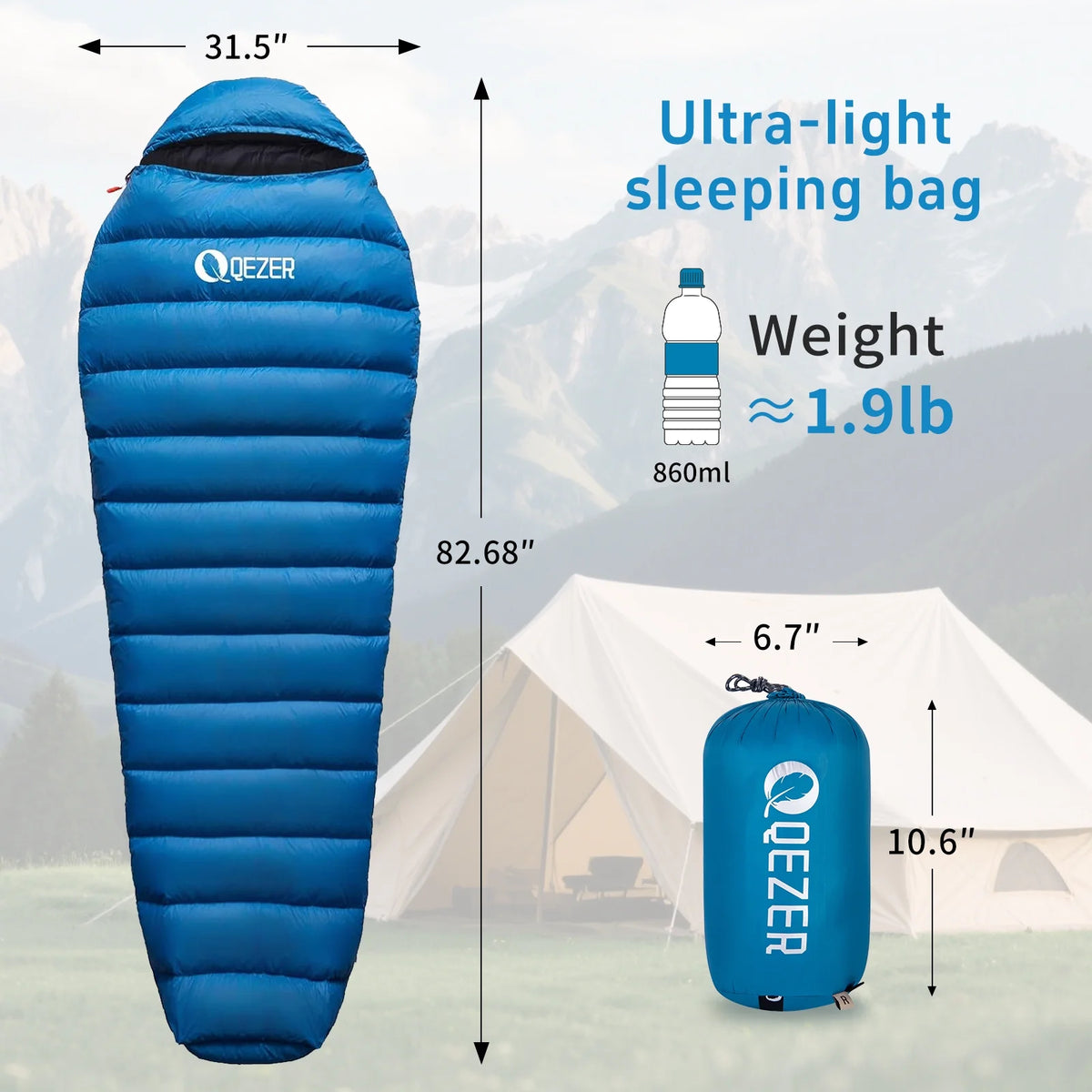 QEZER Ultralight Down Sleeping Bag for Adults, 650FP, 860g, 3-Season Compact for Backpacking & Camping, 36��F-46��F