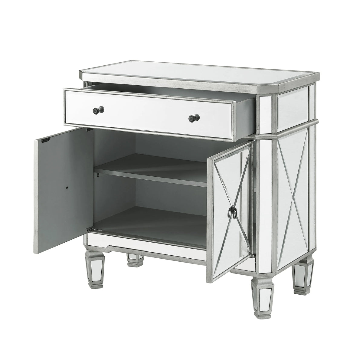 Powell Deville 2-Door Single Drawer Indoor Console Table with Shelves, Mirrored Surfaces and Luxe Silver Wood