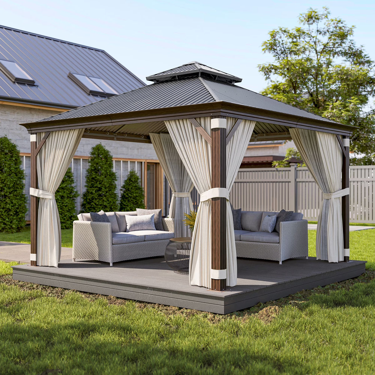 BELLEZE 12 x 16ft Hardtop Gazebo, Widen Pole Outdoor Canopy, Aluminium Frame Galvanized Steel Double Roof Waterproof Gazebo Tent with Nettings and Curtains for Patio, Backyard, Deck, Lawns, Garden