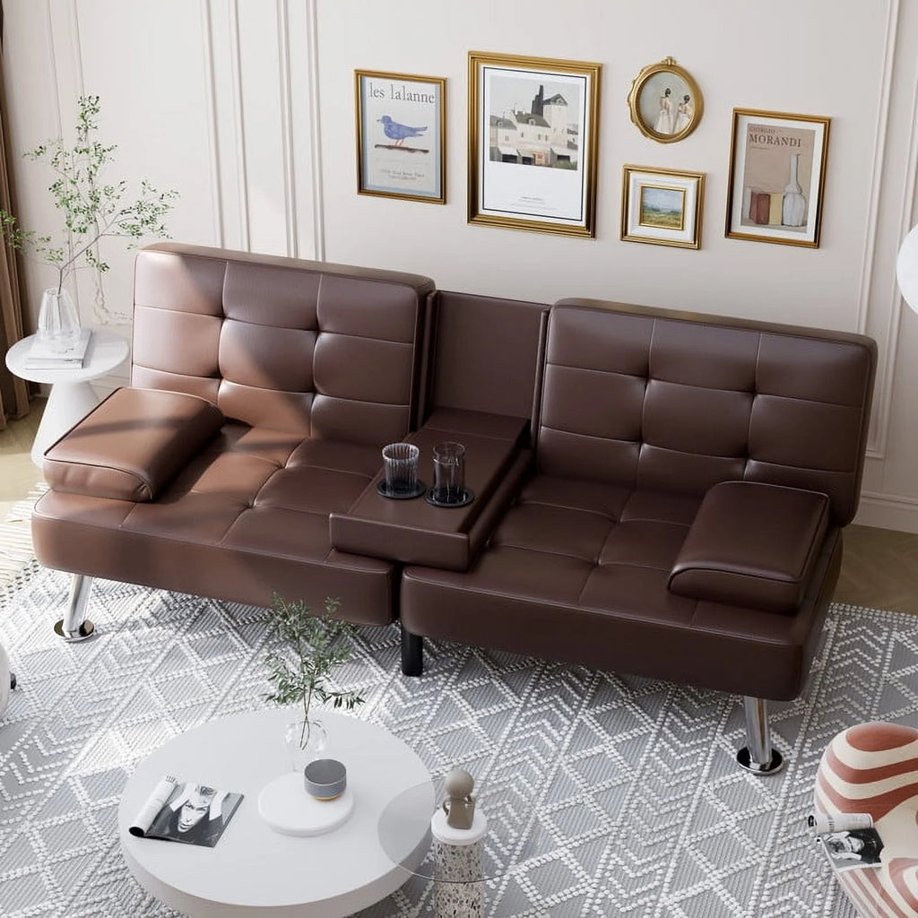 Furmax Futon Sofa Bed Convertible Folding Faux Leather Couch with 2 Cup Holders,Black