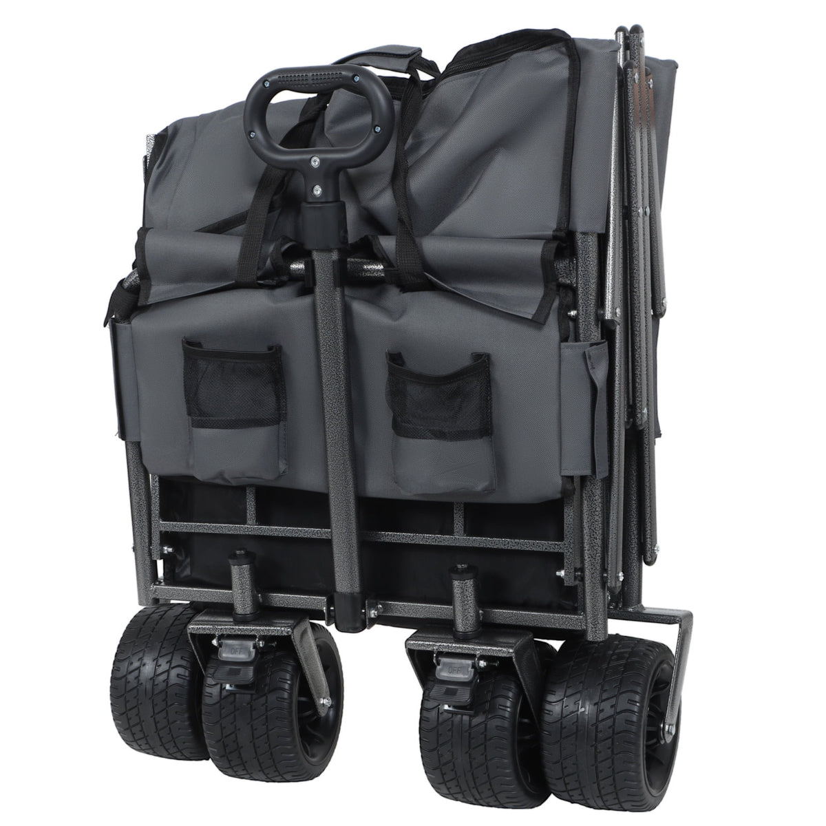 3-in-1 Collapsible Wagon Cart with Bench Seat, 500lbs Convertible Heavy Duty Utility Wagon with Flexible Handle, All-Terrain Folding Grocery Cart with Wheels for Shopping, Camping, Orange