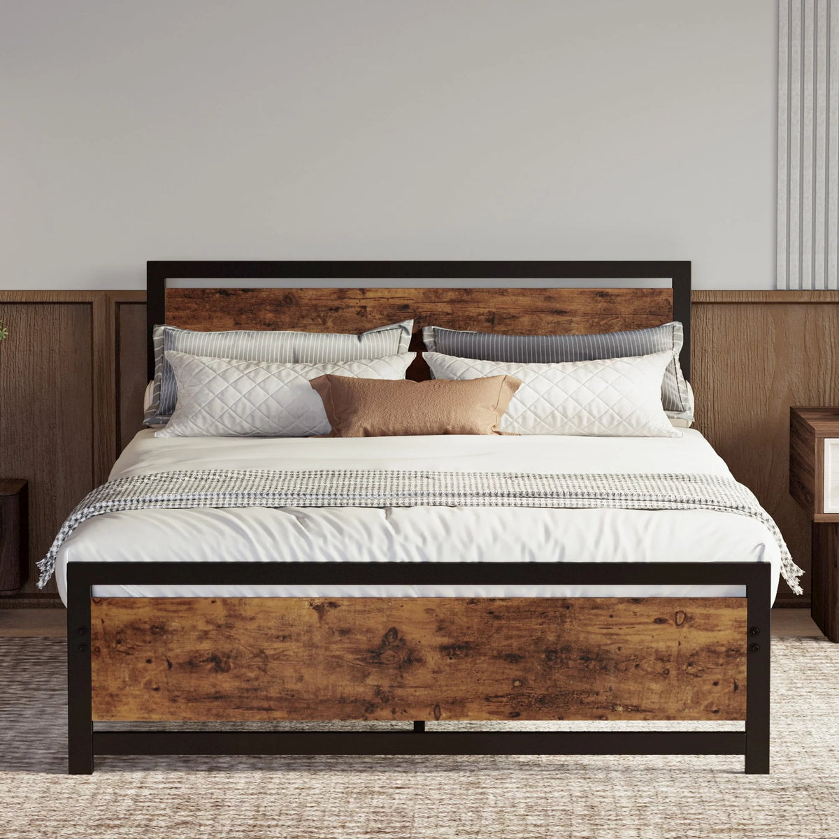 LIKIMIO Industrial Full Bed Frame with MDF Headboard, Strong Supports