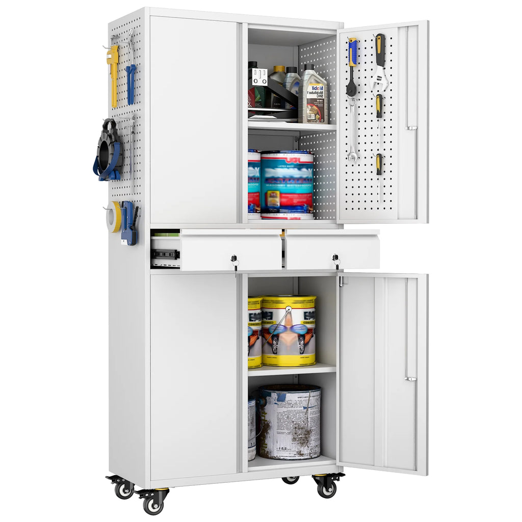 SUPEER 71" Metal Storage Cabinets with Wheels and Pegboards, Industrial Cabinet with 2 Drawers and 2 Adjustable Shelves,, Assembly Required