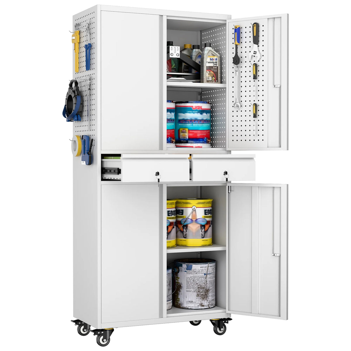 SUPEER 71" Metal Storage Cabinets with Wheels and Pegboards, Industrial Cabinet with 2 Drawers and 2 Adjustable Shelves,, Assembly Required