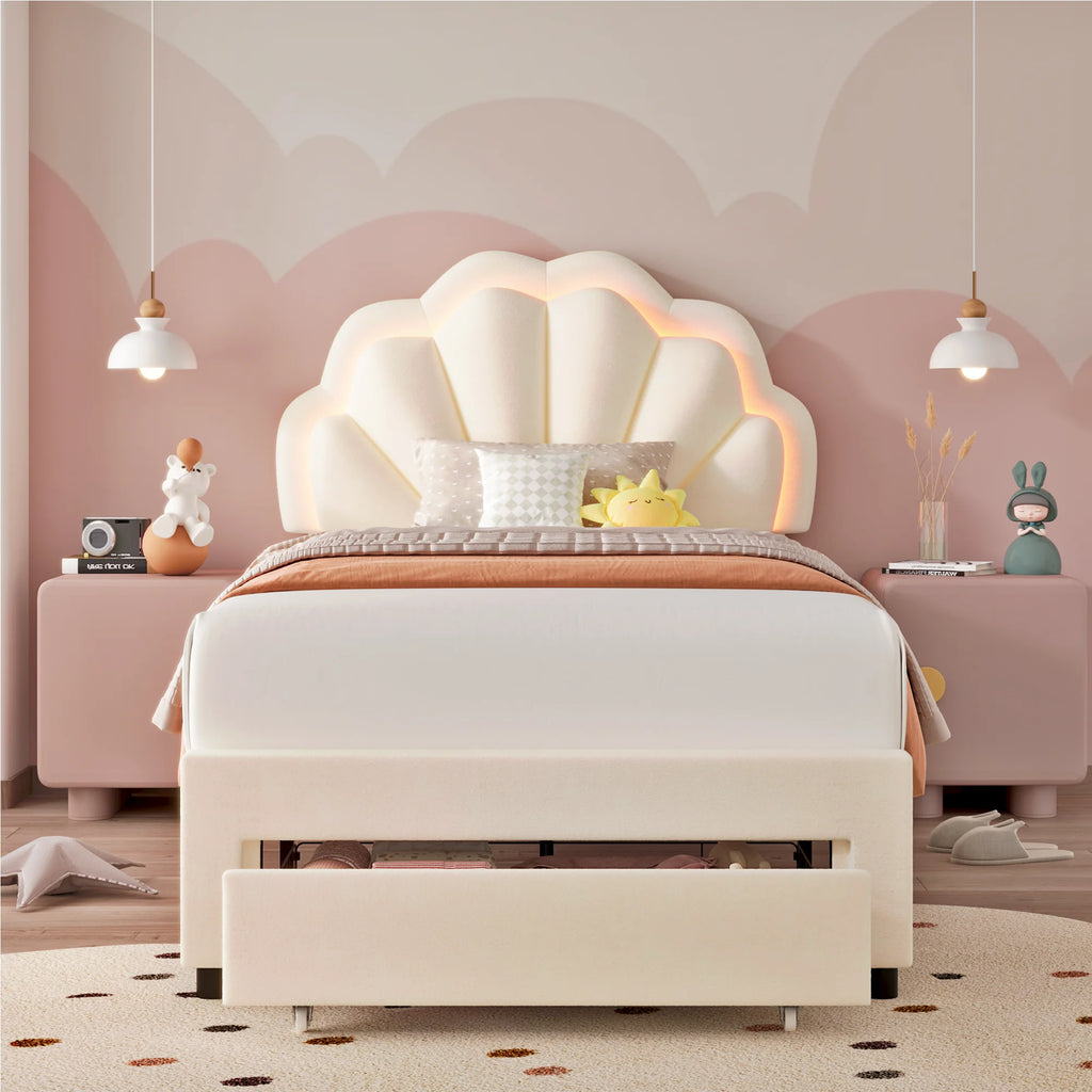 Homfa Twin Bed Frame with Storage & LED Light, Velvet Upholstered Platform Twin Bed with Adjustable Petal Headboard, Beige