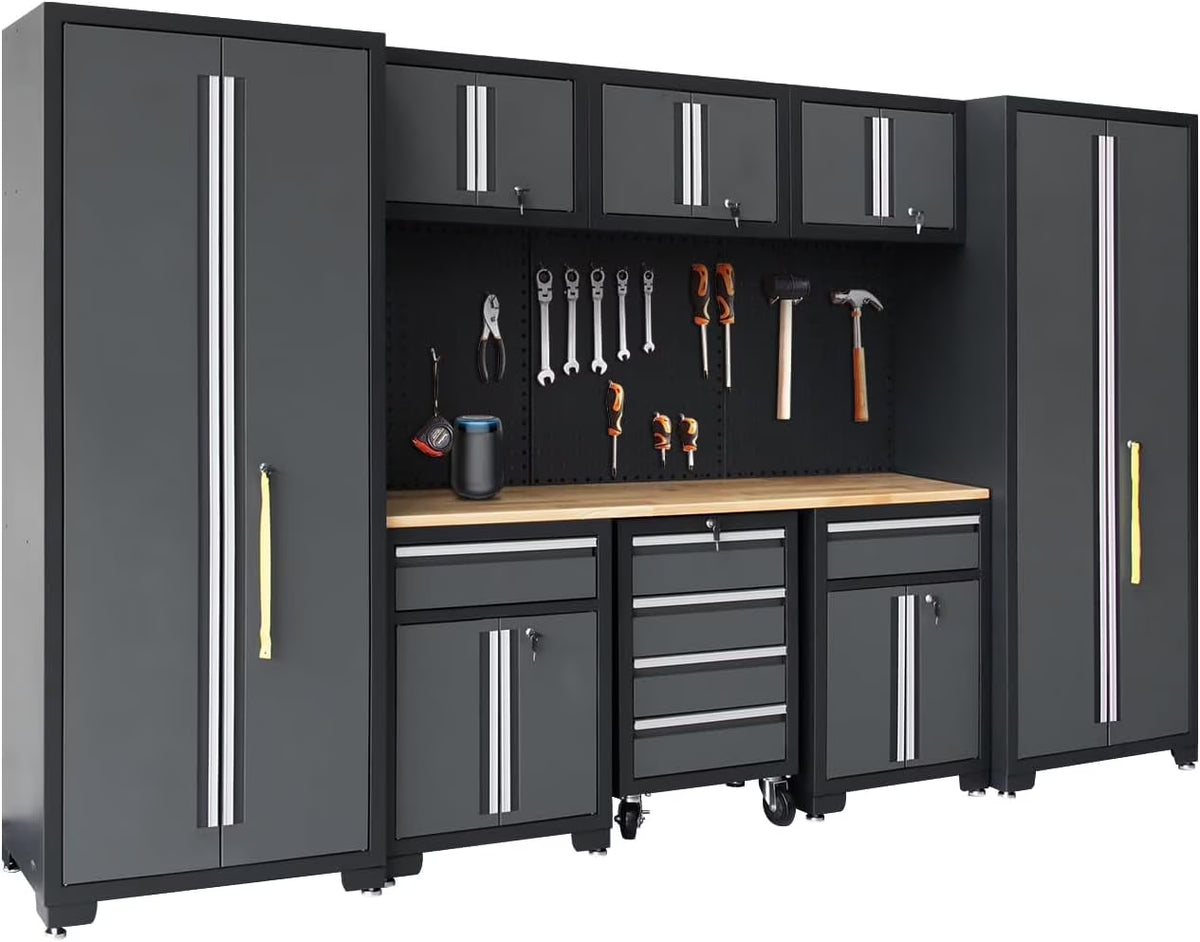 HPDMC Garage Storage Cabinet System 9-Pcs Workshop Set Metal Garage Cabinets and Storage System with Steel Cabinet Drawers, Rolling Chest, Workbench, Pegboard for Garage Tool Organization
