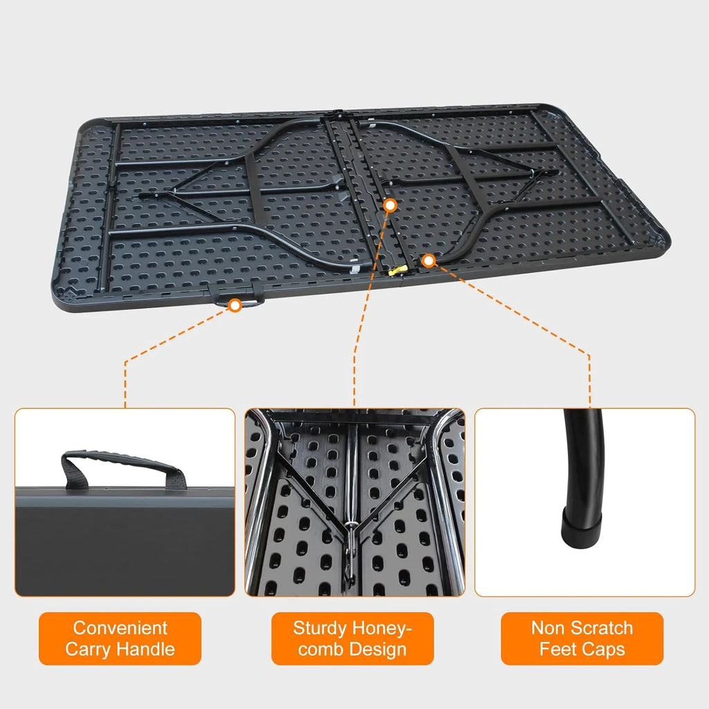 Folding Table with Carry Handle, Portable Fold-in-Half Plastic Table, Rectangle Foldable Table for Indoor