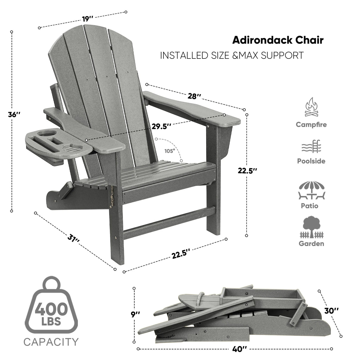 FOOWIN HDPE Plastic Adirondack Chairs Set of 4, Black