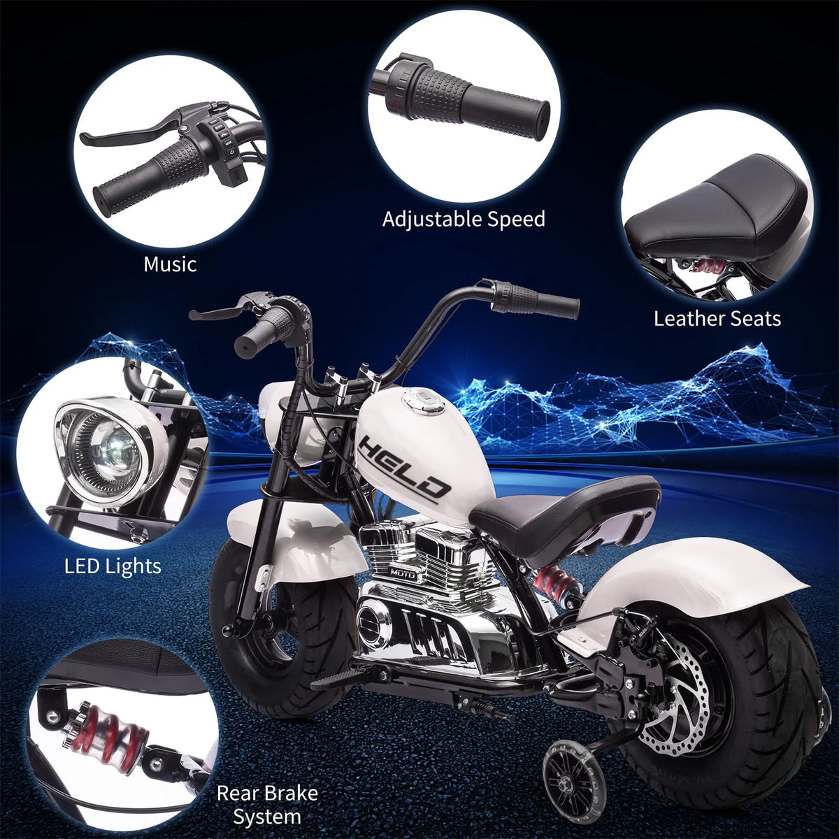 Towallmark 36V Kids Electric Dirt Bike, 350W Off-Road Motorcycle, Max 16.5 Mph, Ride On Electric Motorcycle with Removable Training Wheels, Spring Suspension, Leather Seat, Led Light,Music