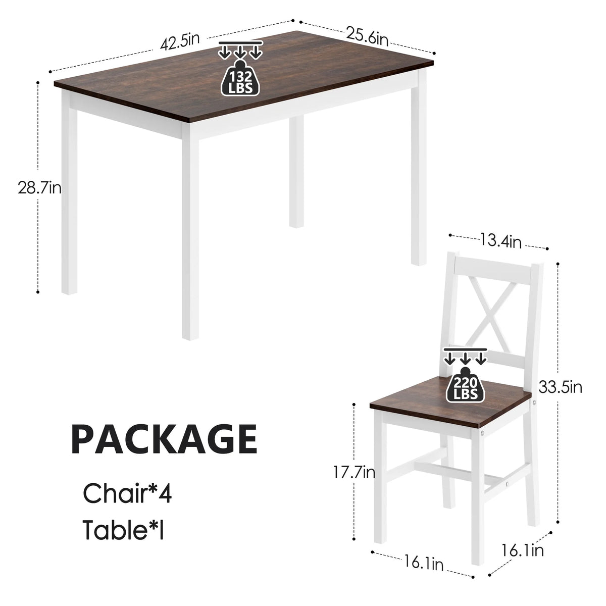 Soges 5 Pieces Dining Table Set, Pine Wood Kitchen Dining Table with 4 Chairs, Wood Rectangular kitchen table and chairs for 4, Small Dining Set for Bar Dining Room Breakfast Nook, White and Gray