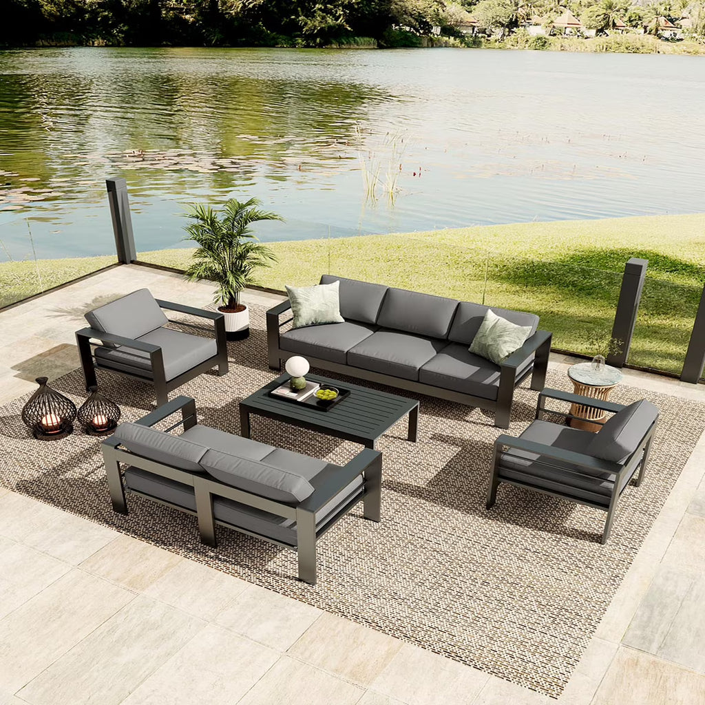 Ataucjin 5 Pieces Aluminum Patio Furniture Set, Outdoor Sectional Conversation Set Sectional Sofa with 4" Armrest & 5" Thick Cushions & Coffee Table��ship in 4 boxes��