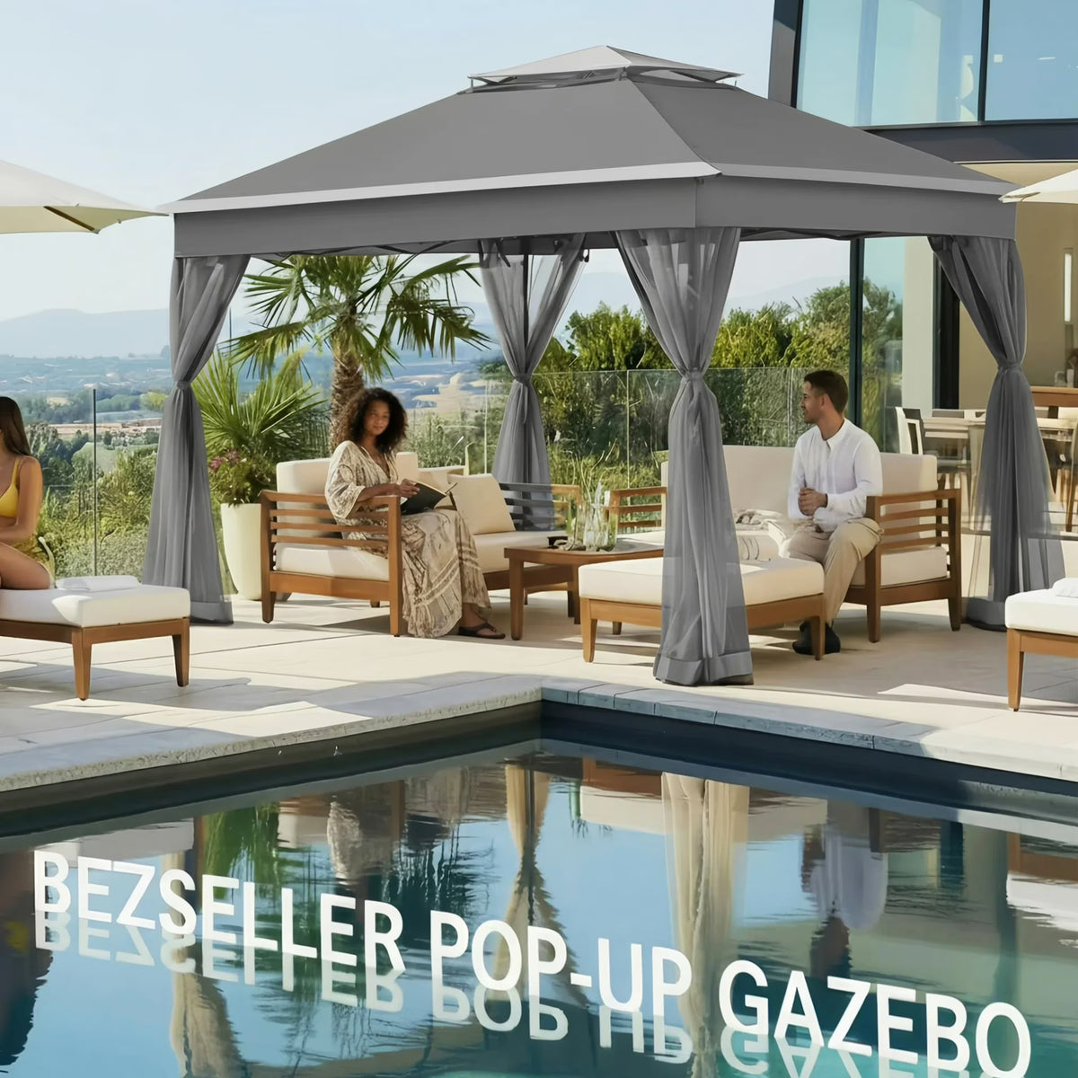 Bezseller 11x11 Pop up Gazebo, Outdoor Waterproof Canopy Tent with Mosquito Netting for Outdoors, Khaki
