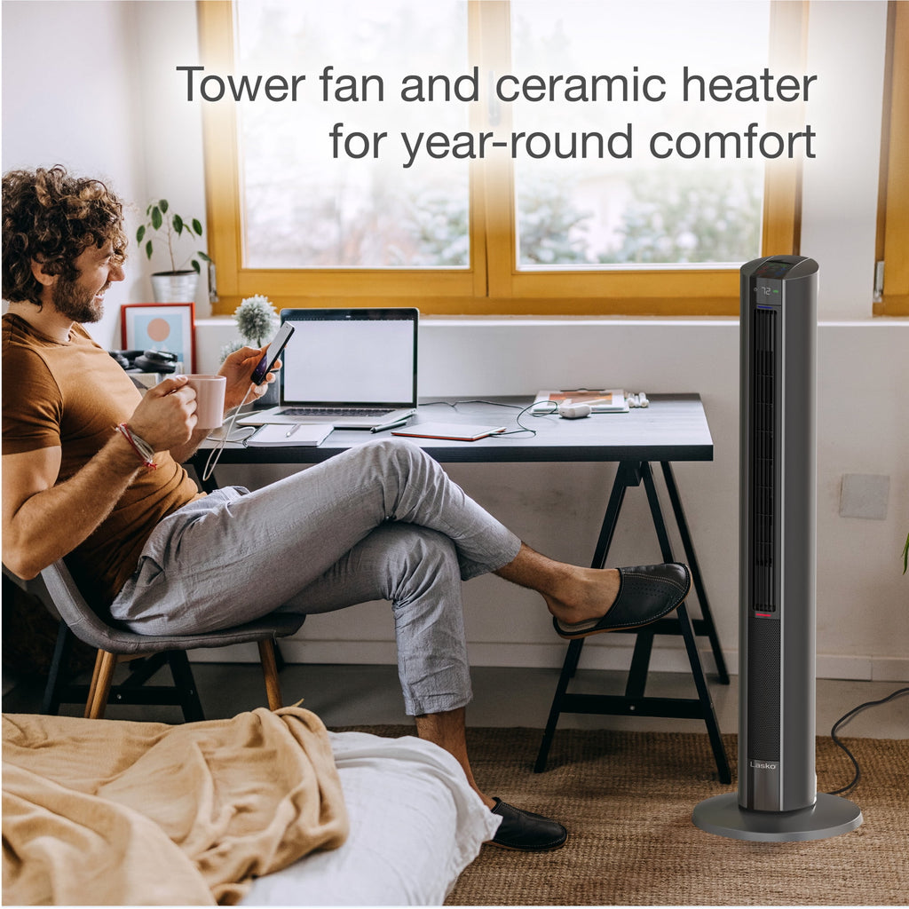Lasko 42" 1500W All Season Tower Fan & Space Heater with Timer and Remote, White, FH500