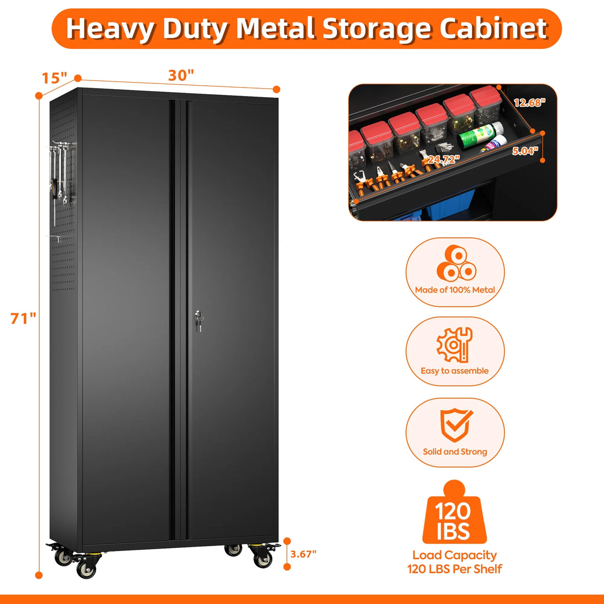 Aobabo Metal Storage Cabinet with Lock,Garage Storage Cabinet with Wheels,72In Steel Storage Cabinet for Garage Home Storage, Black Required-Assembly