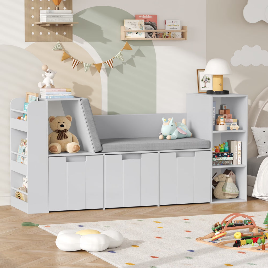 Homfa 4-in-1 Kids Toy Storage Cabinet, Bookshelf with 3 Drawers, Sturdy Toy Organizer with Reading Nook for Kids Room Playroom, Gray