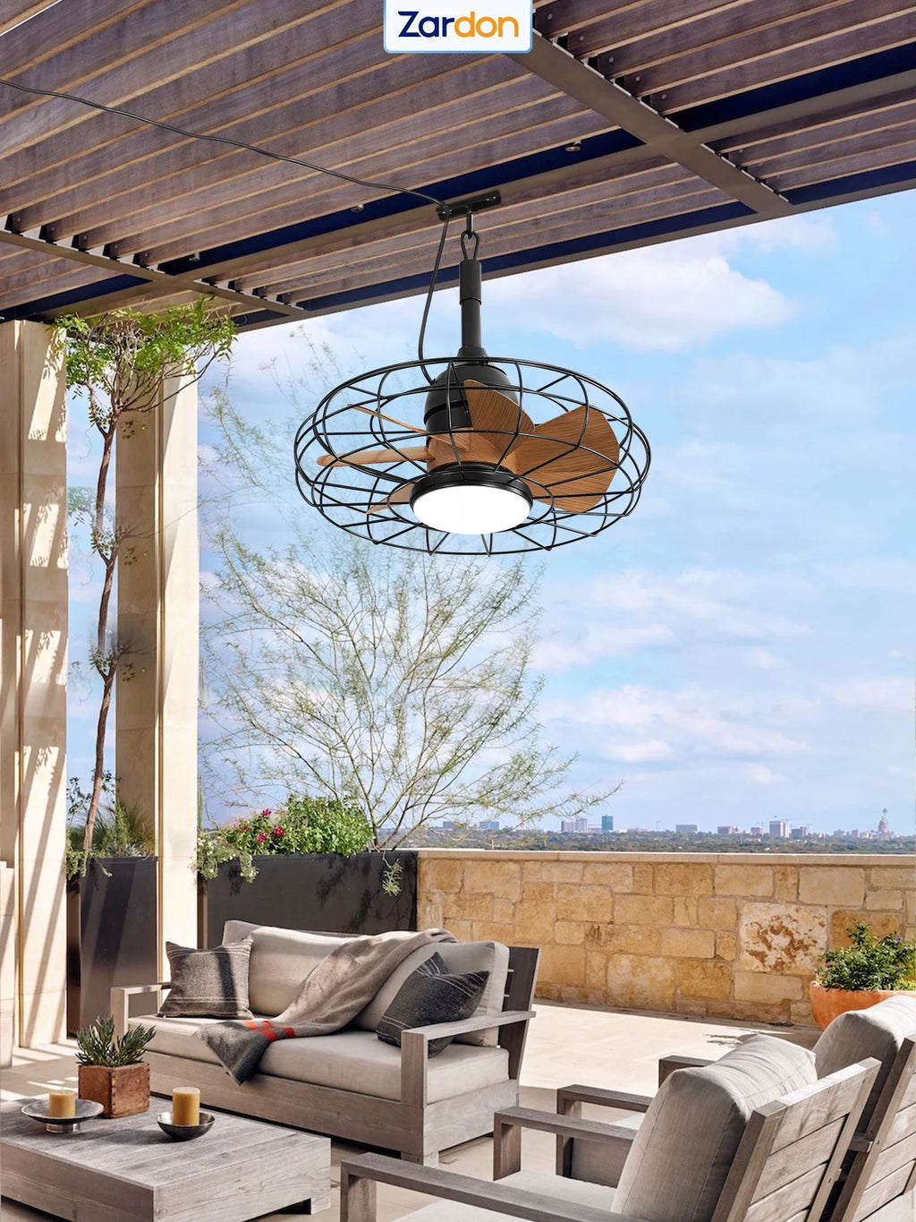 Zardon 20" Outdoor Ceiling Fan with Light and Remote, 7 Blades Caged Waterproof Gazebo Fan for Patio, Porch, Pergola Canopy, App Control
