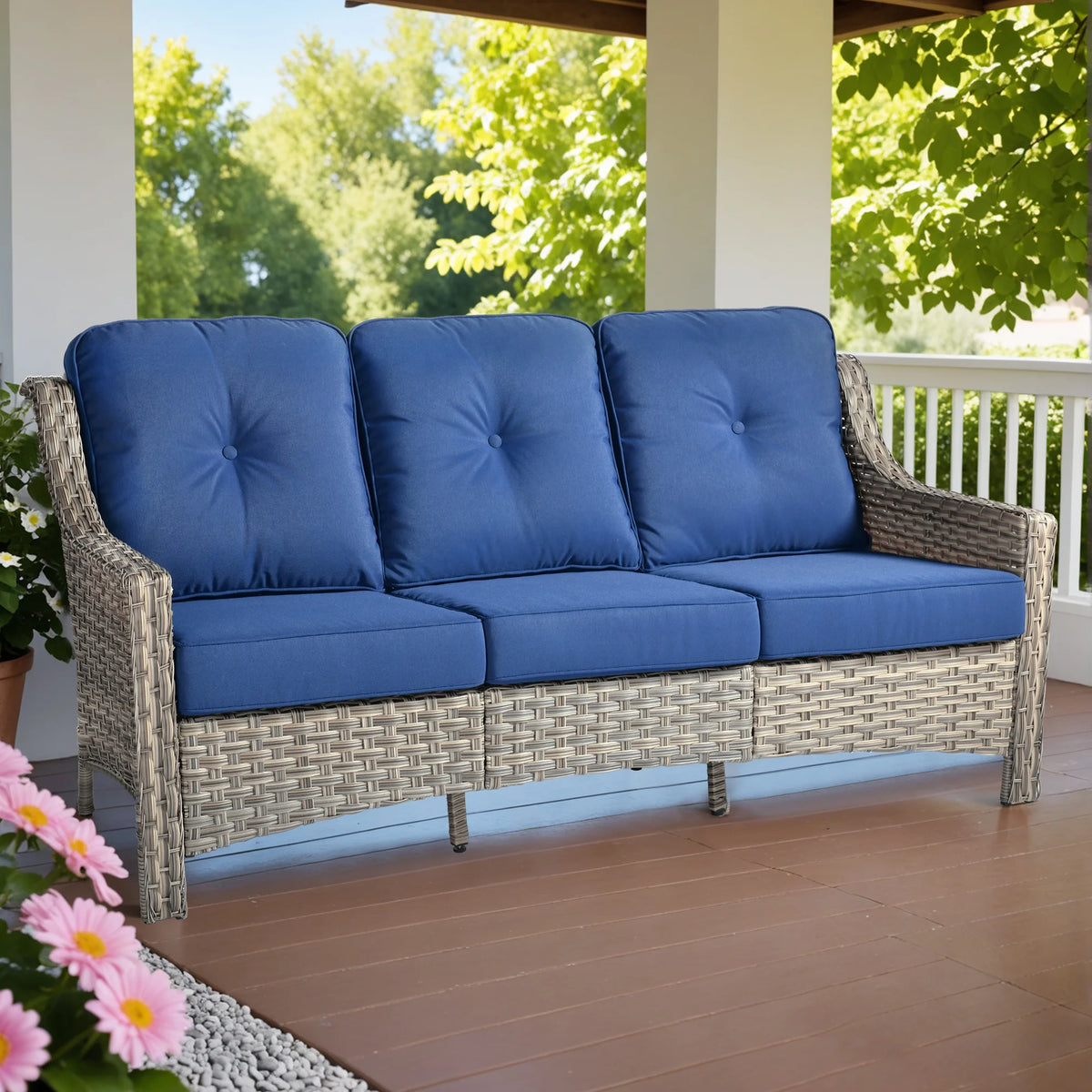 Ovios Outdoor Patio Sofa 3-Seater with Cushions All-Weather Wicker Rattan Couch for Garden, Porch, or Backyard