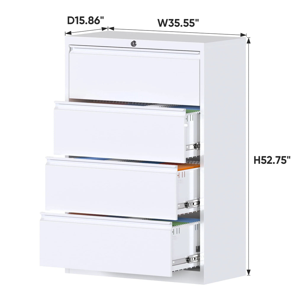 Supeer Four Drawer Metal Lateral File Cabinet, Storage White File Cabinet with Large Deep Drawers, Locking Wide File Cabinet for School, Office, Home,  Assembly Required