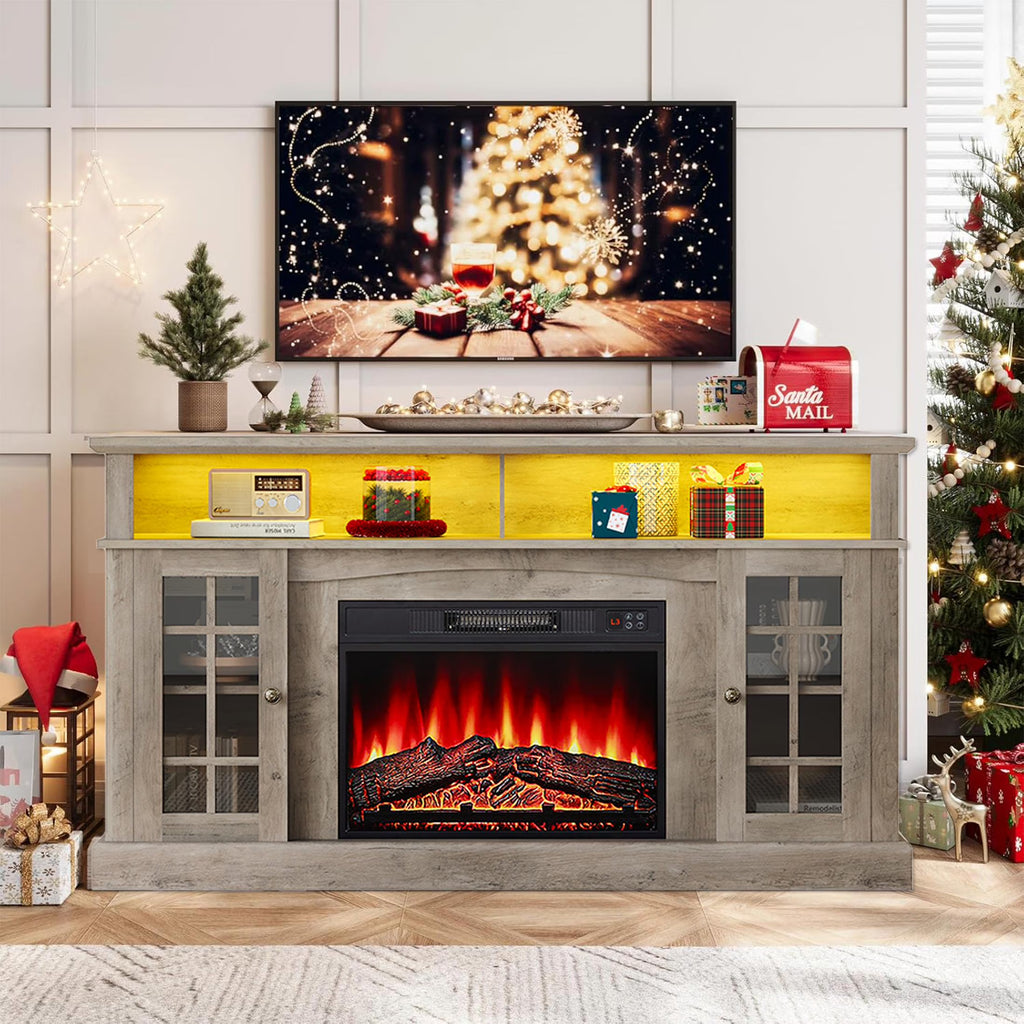 SESSLIFE Fireplace TV Stand for 65 Inch TV, TV Console with 23''Electric Fireplace, Console Entertainment Center Television Table for Living Room or Bedroom, Brown