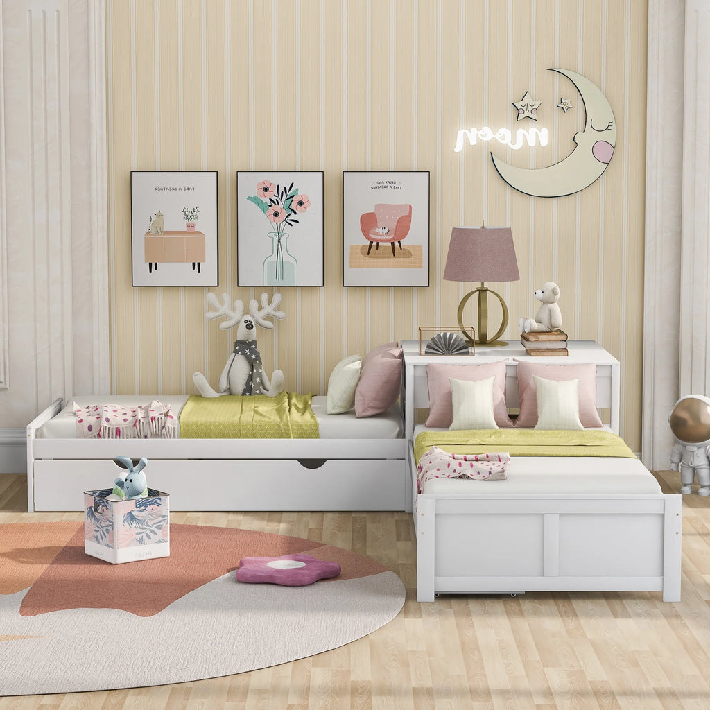 Euroco Wood Twin Size L-Shaped Platform Bed with Square Storage Table for Kids Teens, 2 Platform Beds with Trundle and Drawers for Living Room, 3 Twin Beds, Gray
