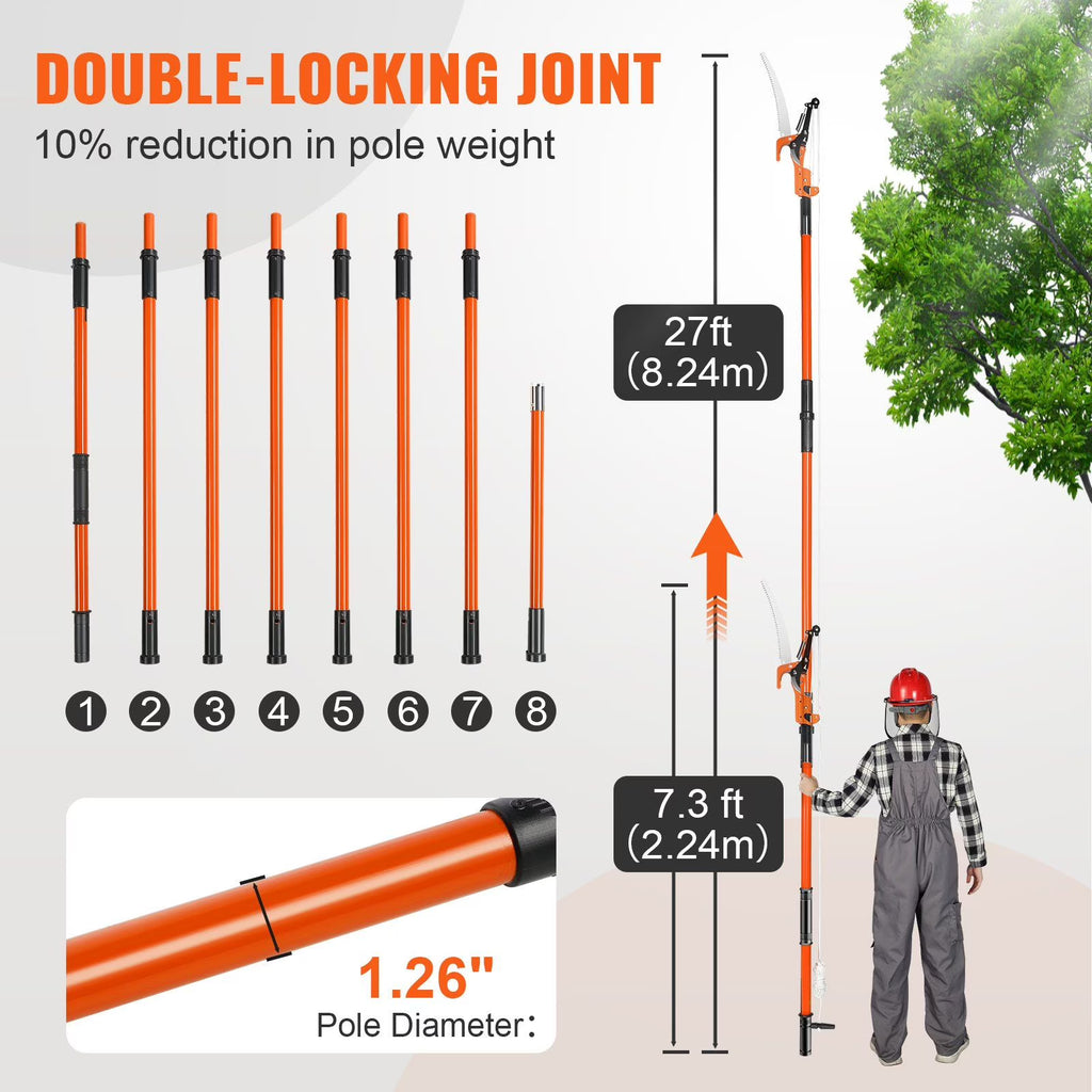 Extendable Manual Pole Saw 7.3-27 ft, Tree Pruner with Sharp Steel Blade and Scissors, Lightweight Fiberglass Pole for Trimming High Branches on Palms and Shrubs