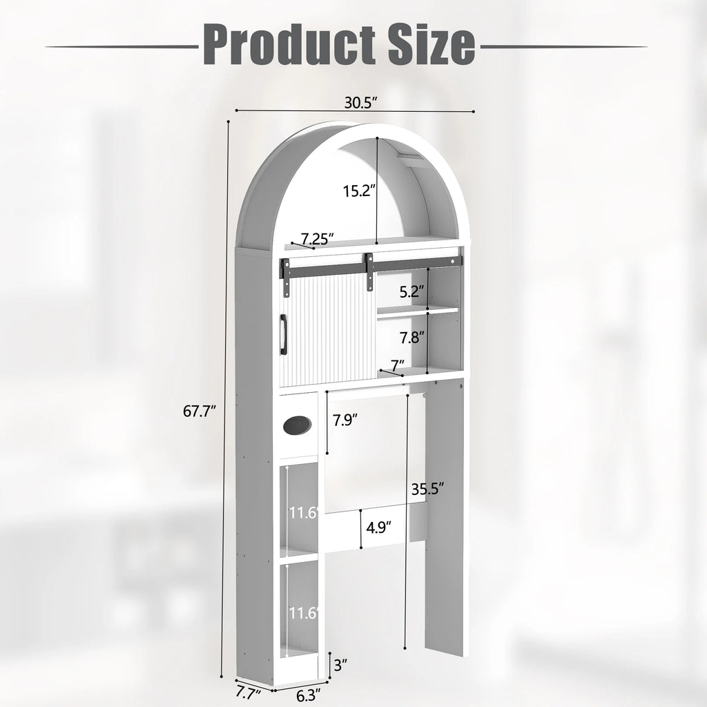 HARIPUL Over The Toilet Storage Cabinet w/ Unique Wood Grain & Arc Design, Freestanding Bathroom Shelf Organizer Space Saver w/ Doors & Anti-Tip Device, Wood Color