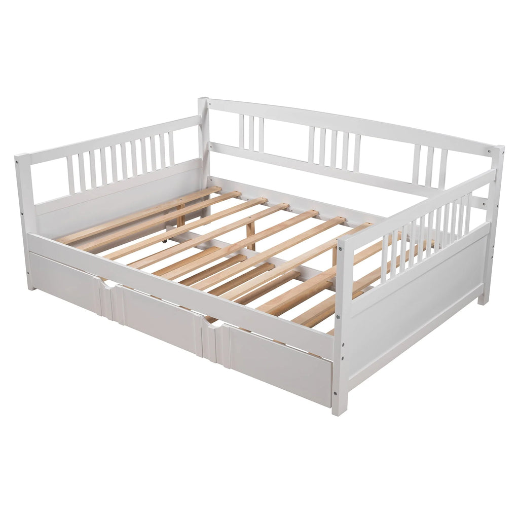 Daybed with Trundle Included, Full Size Daybed Bed Frame with Headboard and Footboard, Living Room Sofa Bed with Pull Out Bed, Wood Single Bed for Kids Boys Girls, No Box Spring Needed, White, J948