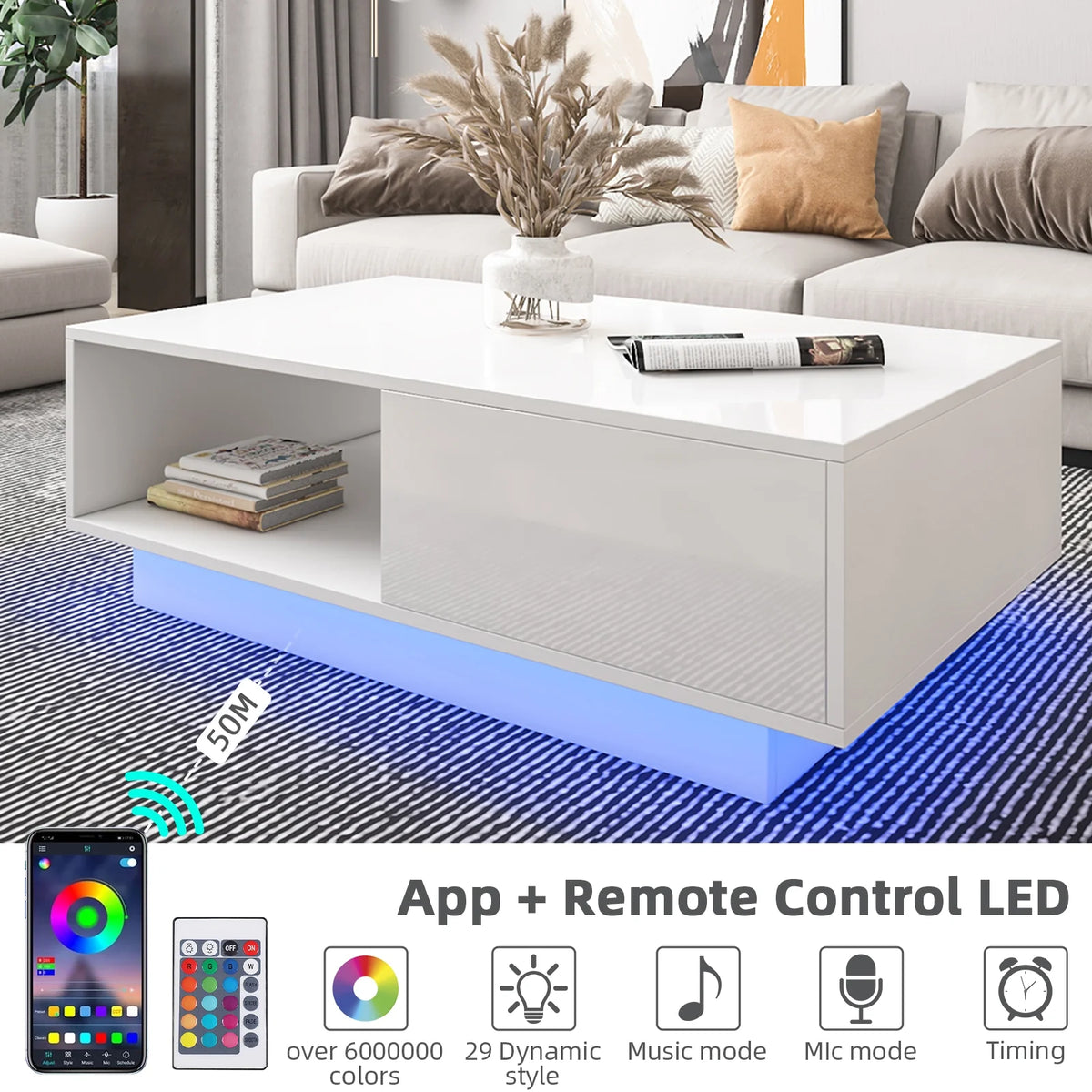 Hommpa LED Coffee Table Modern Side Tables High Gloss Black Cocktail Table with 2 Drawers Open Shelf for Living Room
