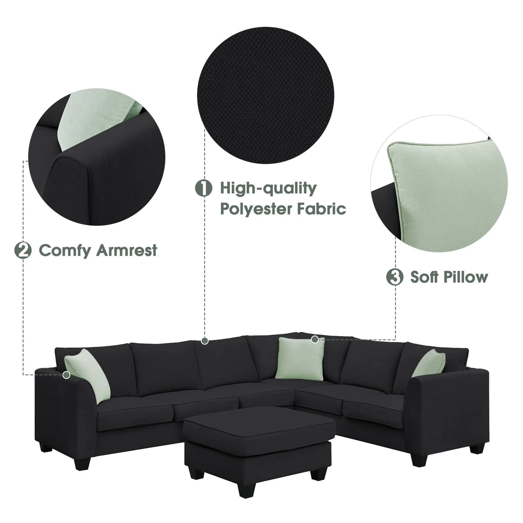L-Shaped Modular Sectional Couch, KAMIDA 7-Seater Sectional Couch with Ottoman and 3 Pillows, Modern L-Shaped Fabric Upholstered Couch Furniture, Heavy Duty Sectional Couch for Living Room, Black