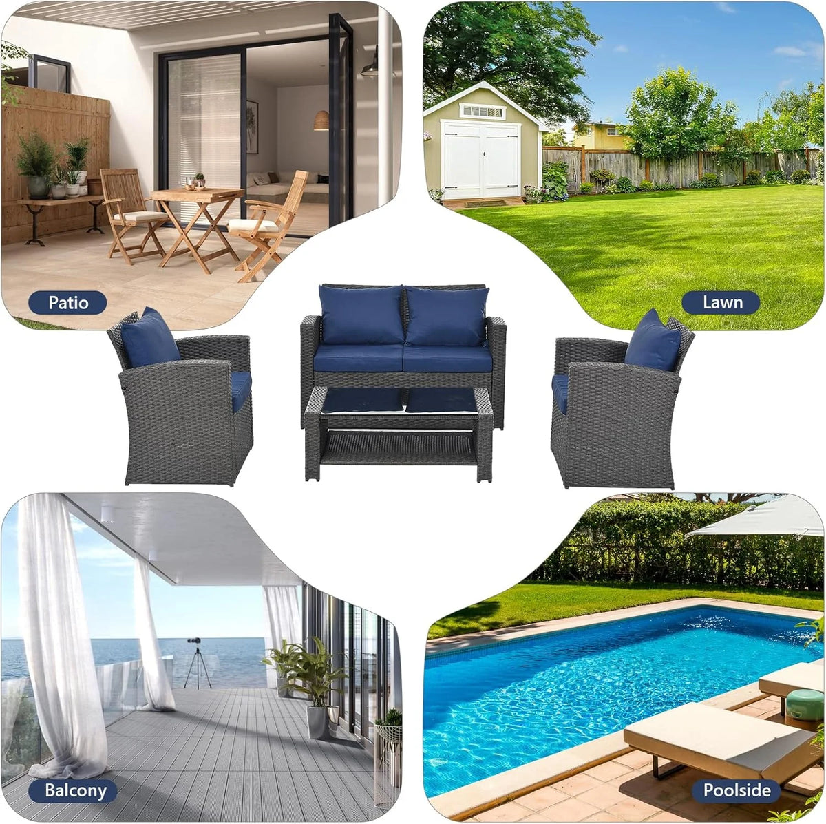 HighSound 4 Piece Patio Furniture Set, Outdoor Wicker Patio Sectional Sofa, All Weather PE Rattan Outdoor Sectional with Cushions & Coffee Table, Dark Gray