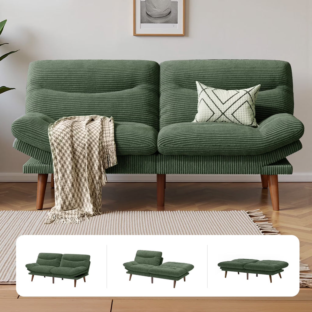 CHITOOMA 66" Futon Sofa Bed with Adjustable Backrest and 6-Level Armrests, Grey Corduroy Convertible Futon Couch, Comfy Loveseat for Small Spaces, Apartment or Office